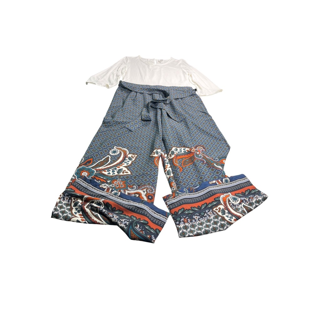 Cupio Women's Jumpsuit Medium White Blue‎ Paisley Wide Leg Belted Boho Chic